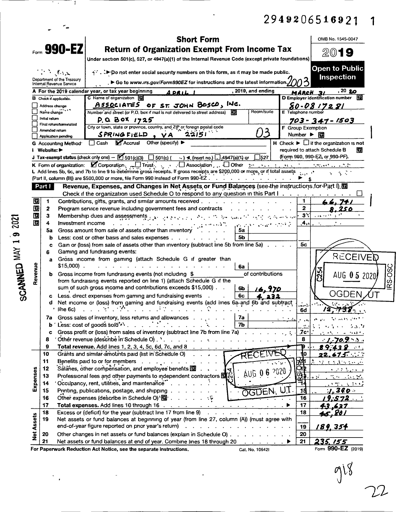 Image of first page of 2019 Form 990EZ for Associates of St John Bosco