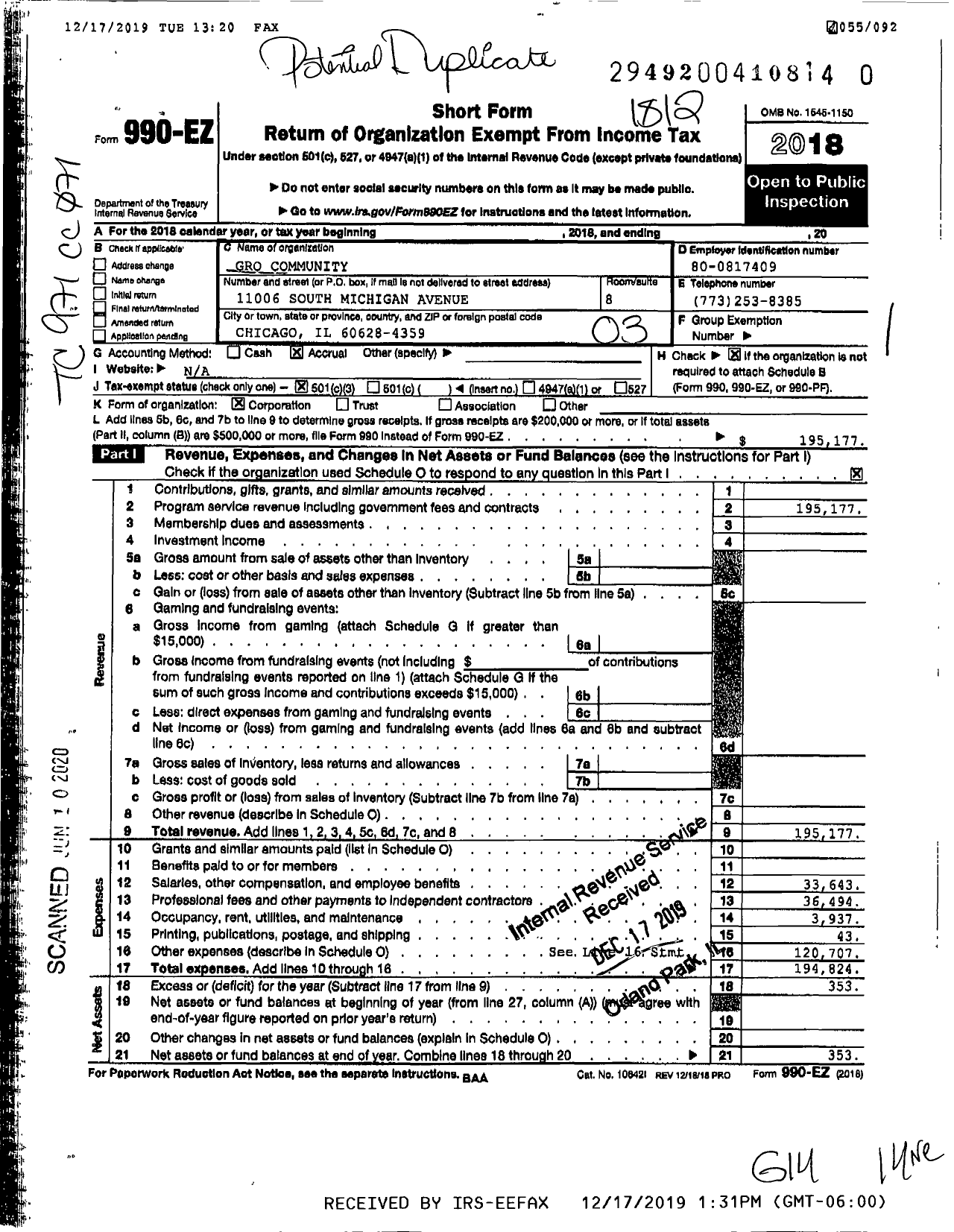 Image of first page of 2018 Form 990EZ for Gro Community