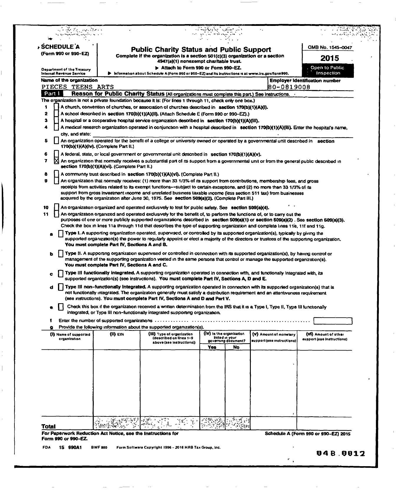 Image of first page of 2015 Form 990R for Pieces Teen Art