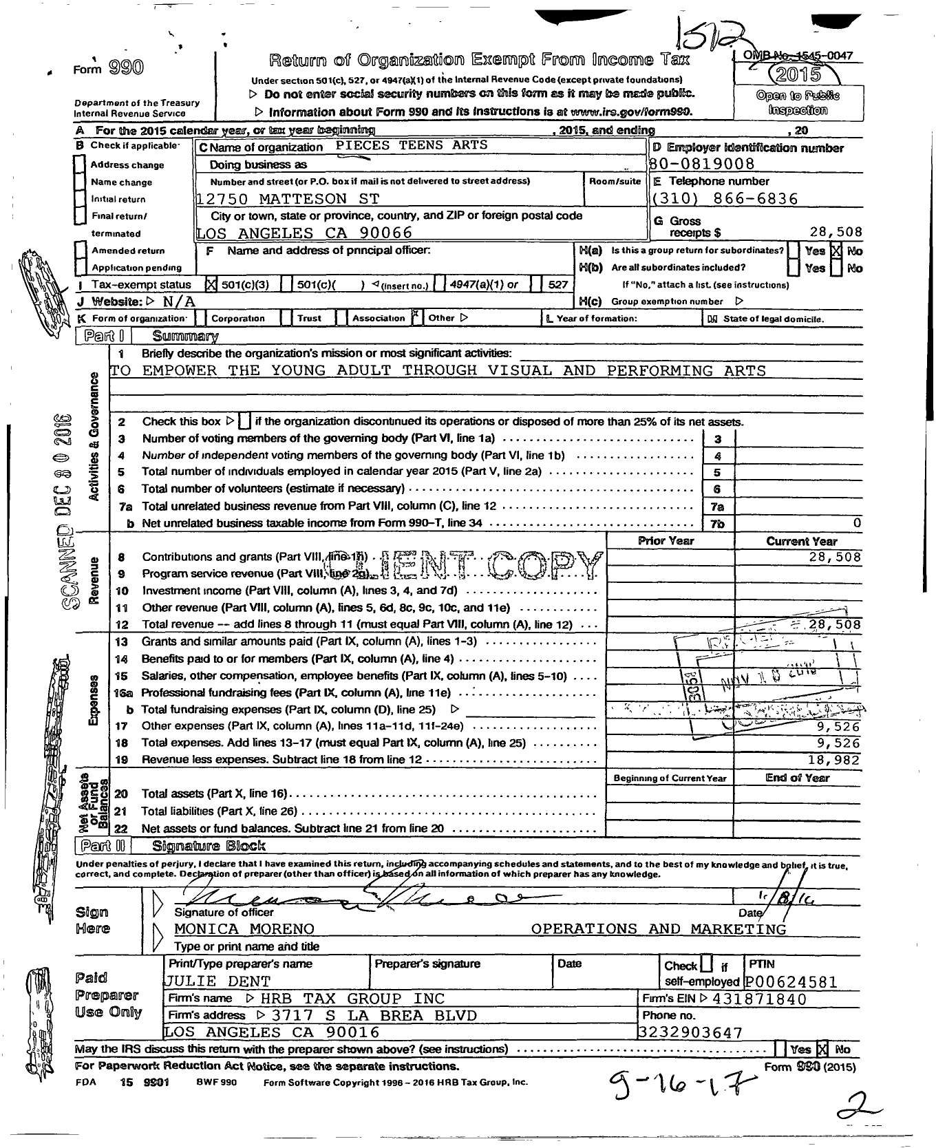 Image of first page of 2015 Form 990 for Pieces Teen Art