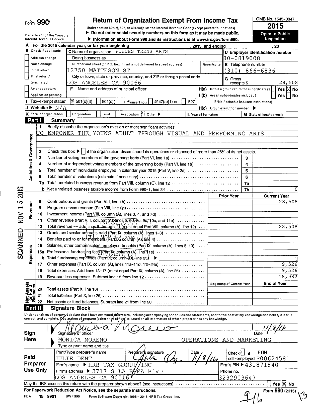 Image of first page of 2015 Form 990 for Pieces Teen Art