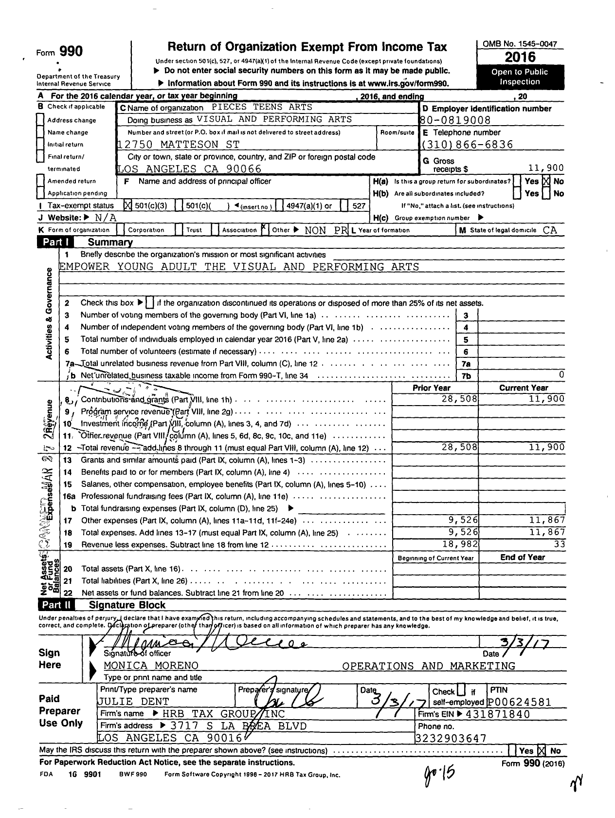 Image of first page of 2016 Form 990 for Pieces Teen Art