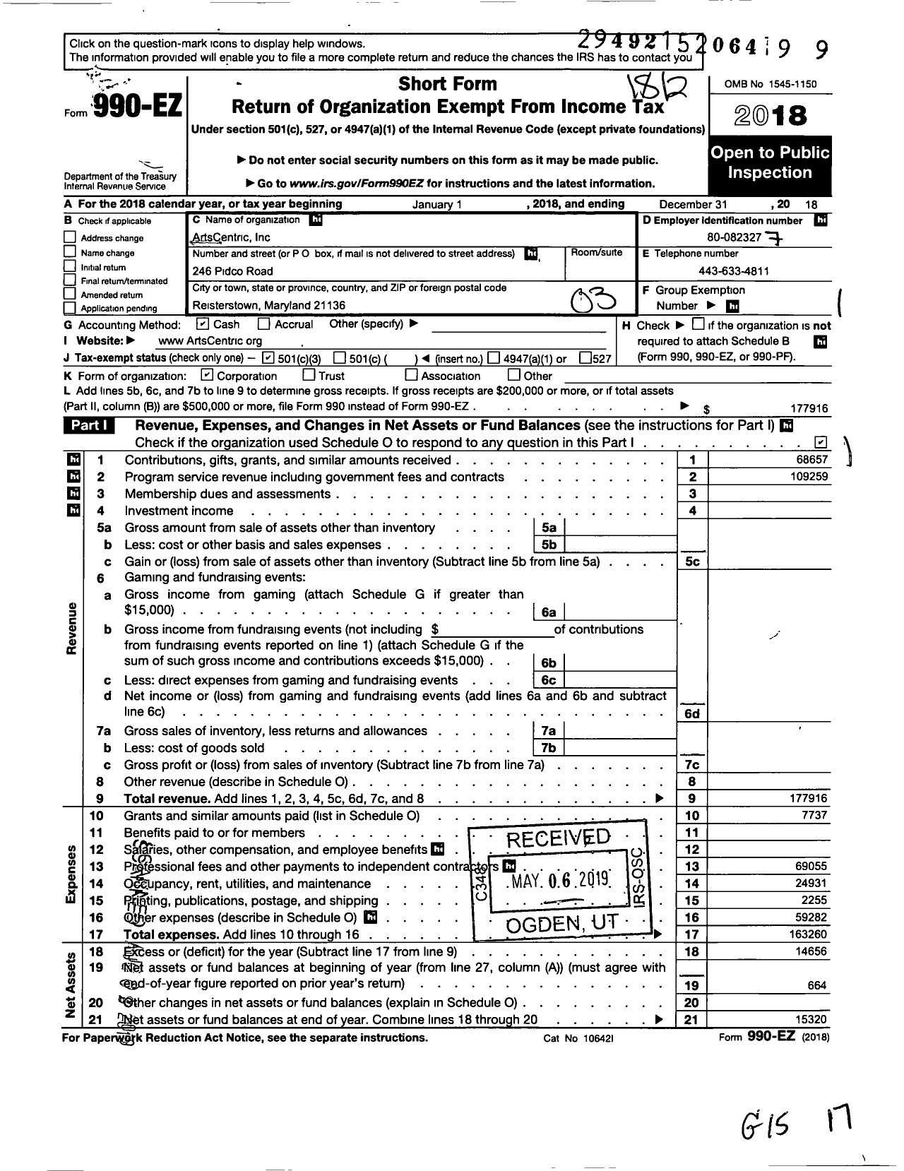 Image of first page of 2018 Form 990EZ for ArtsCentric