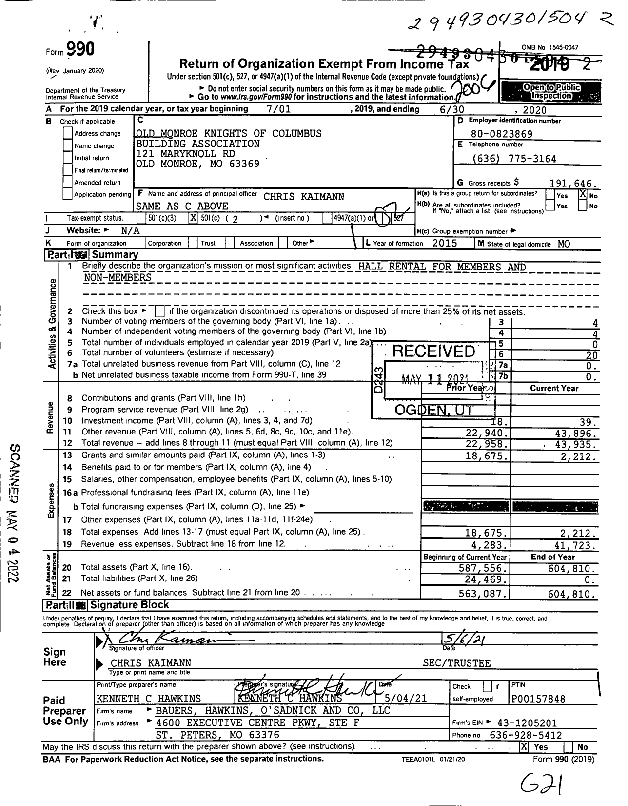 Image of first page of 2019 Form 990O for Old Monroe Knights of Columbus Building Association