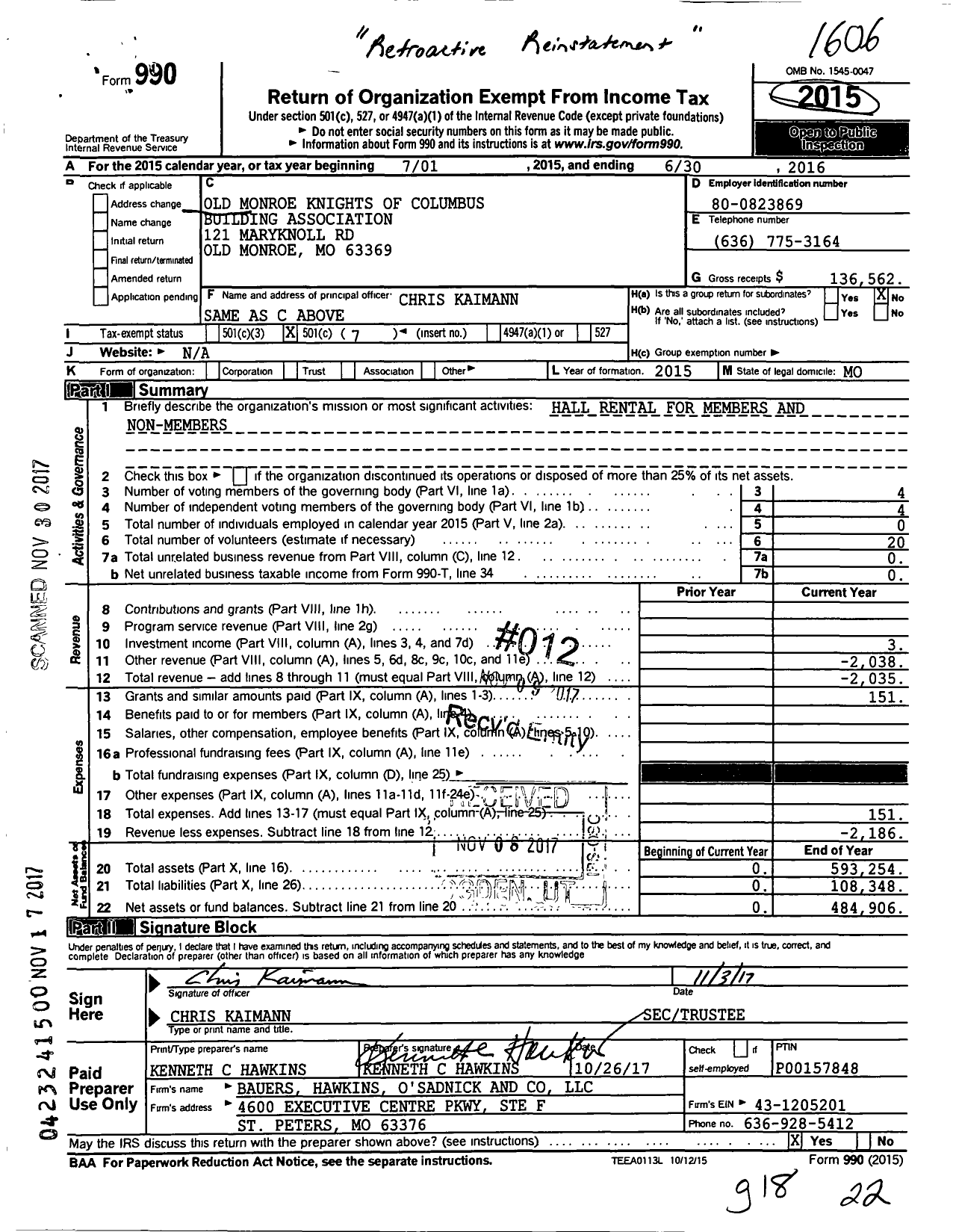 Image of first page of 2015 Form 990O for Old Monroe Knights of Columbus Building Association