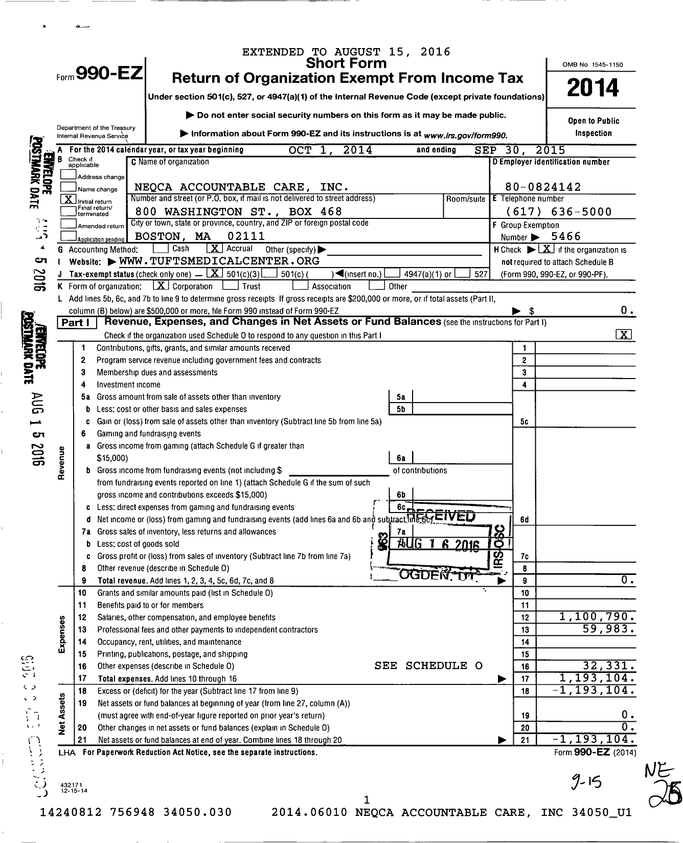 Image of first page of 2014 Form 990EZ for Neqca Accountable Care