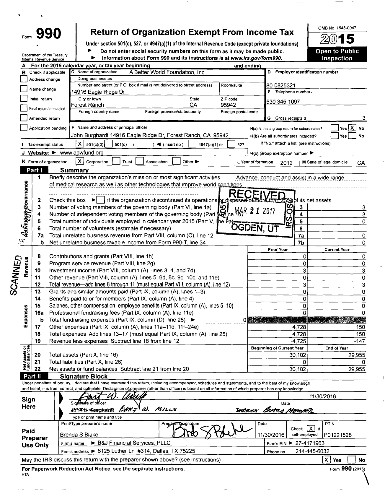 Image of first page of 2015 Form 990 for A Better World Foundation