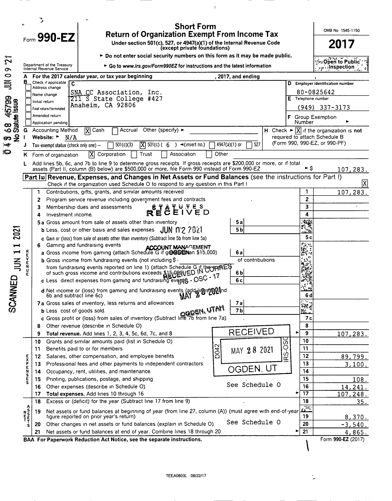 Image of first page of 2017 Form 990EOA for SNA CC Association