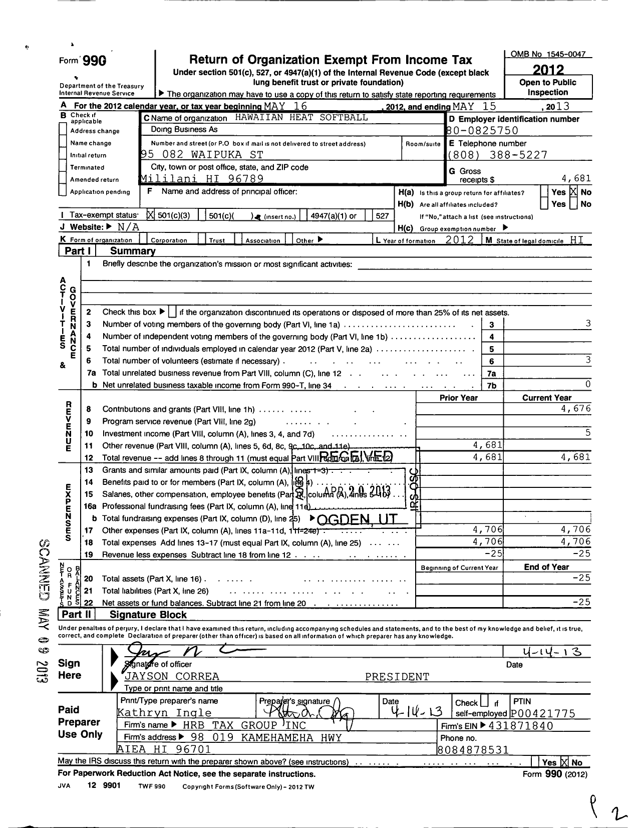 Image of first page of 2012 Form 990 for Hana Pa A Softball