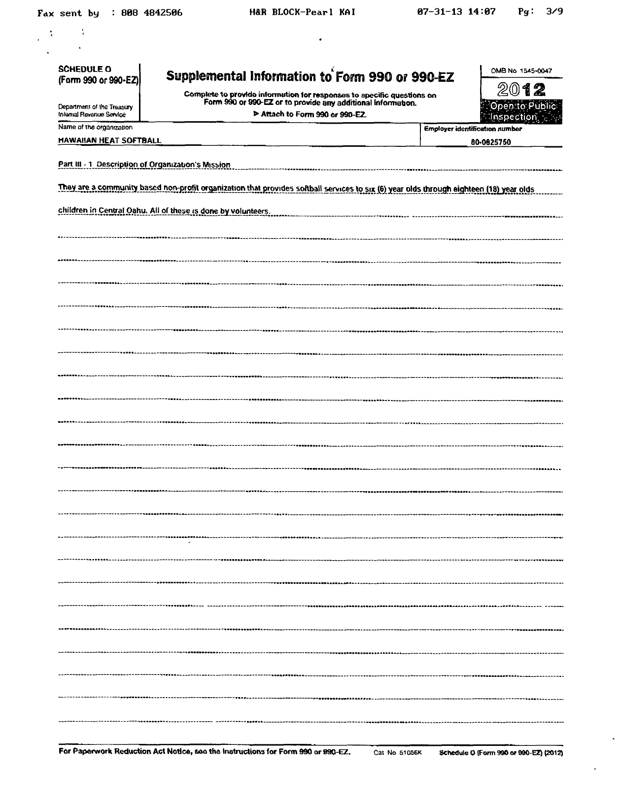 Image of first page of 2012 Form 990R for Hana Pa A Softball