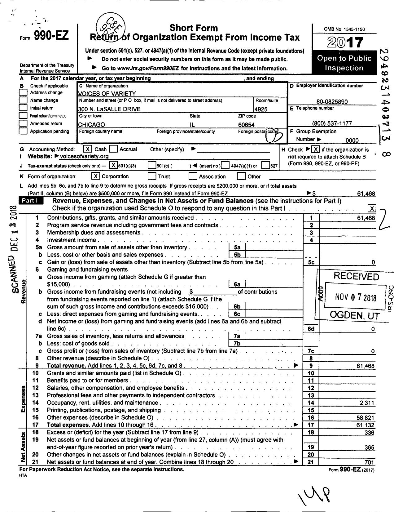 Image of first page of 2017 Form 990EZ for Voices of Variety