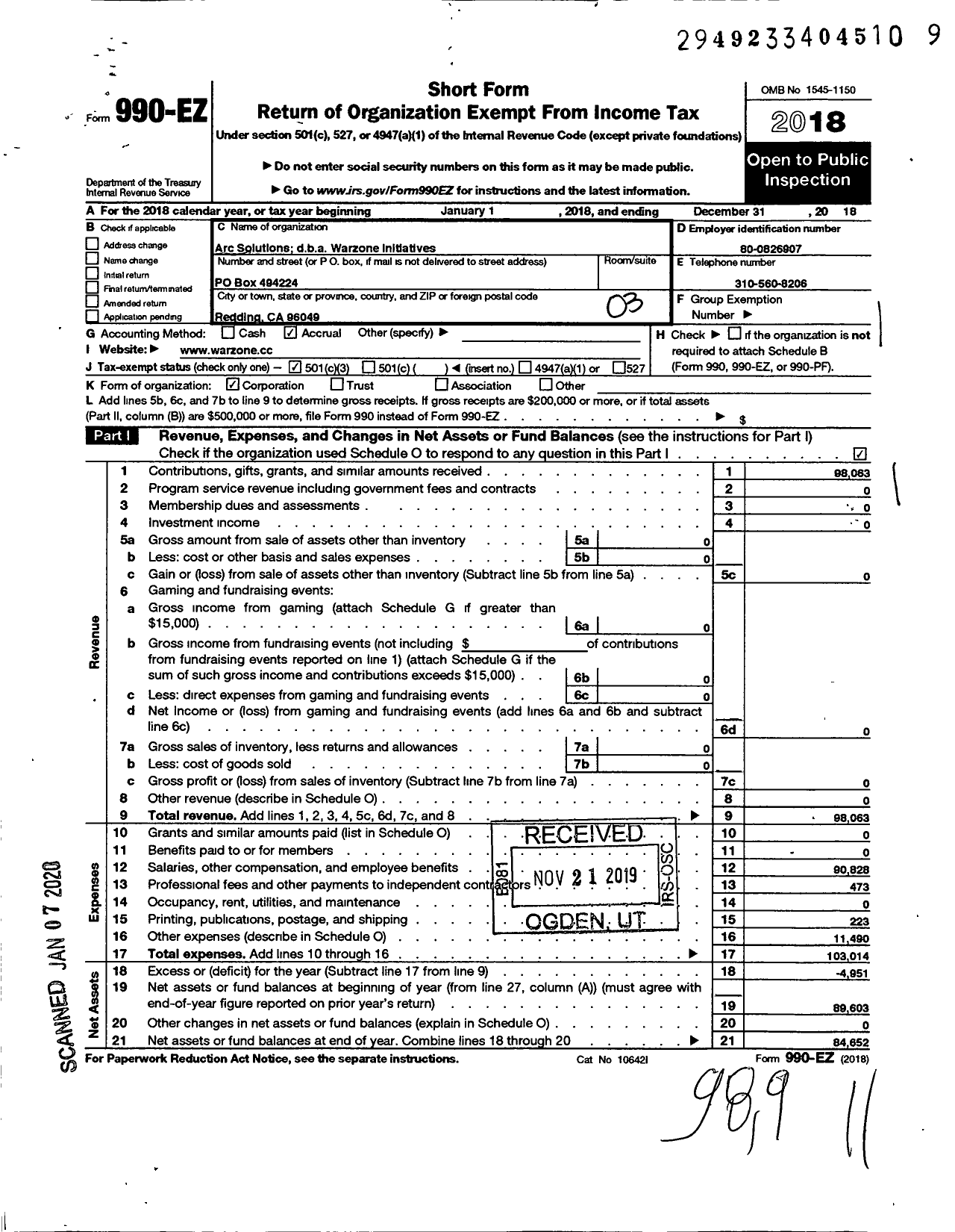 Image of first page of 2018 Form 990EZ for Arc Solutions