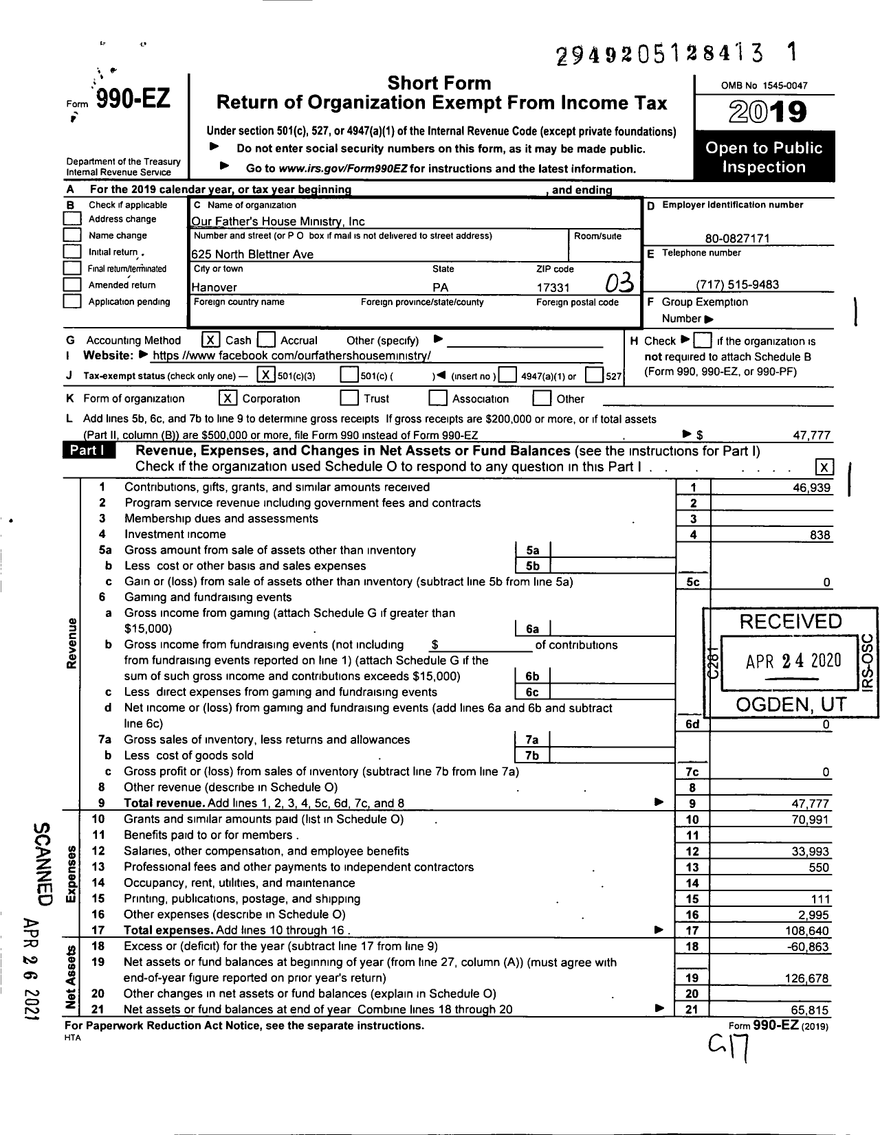 Image of first page of 2019 Form 990EZ for Our Father's House Ministry