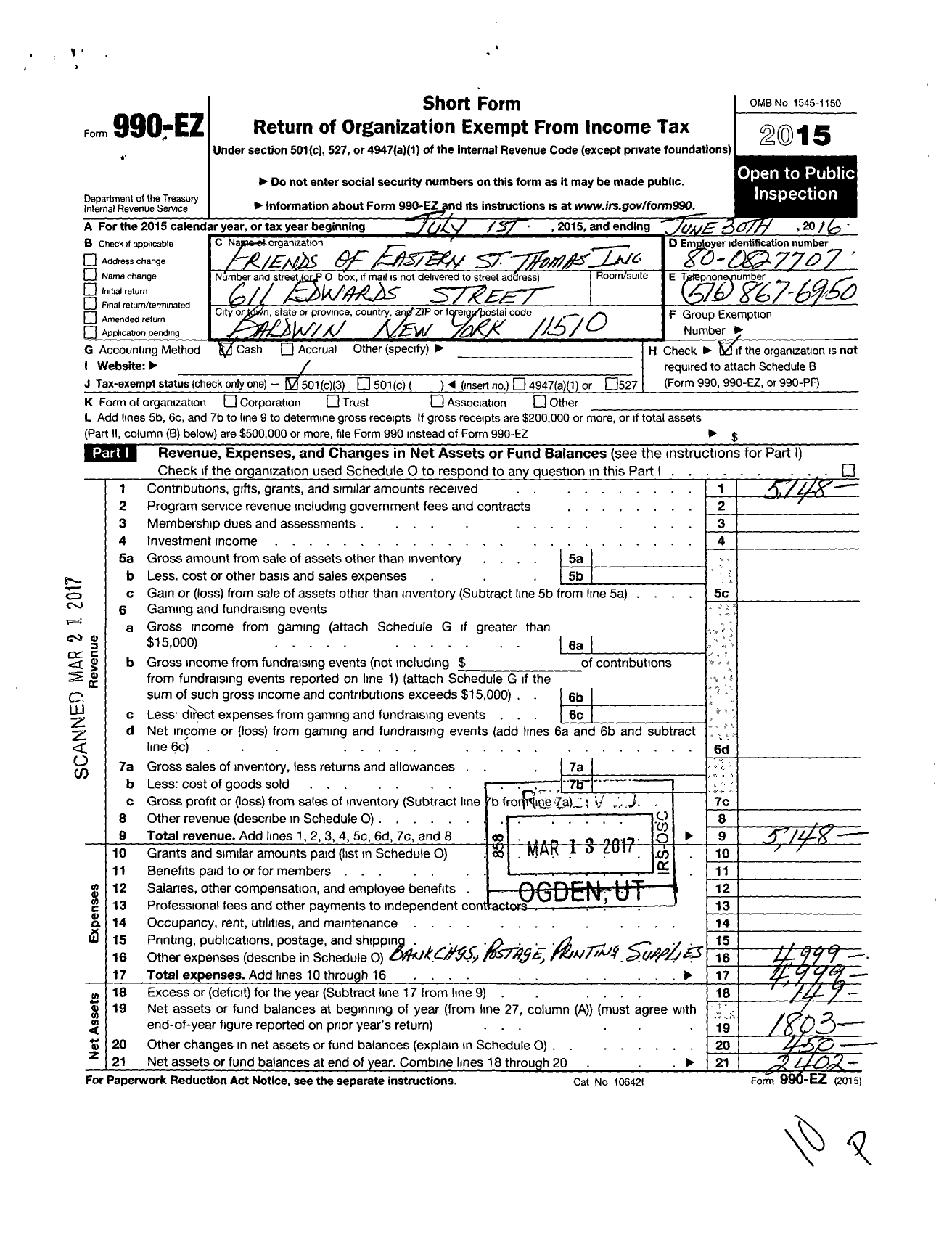 Image of first page of 2015 Form 990EZ for Friends of Eastern St Thomas