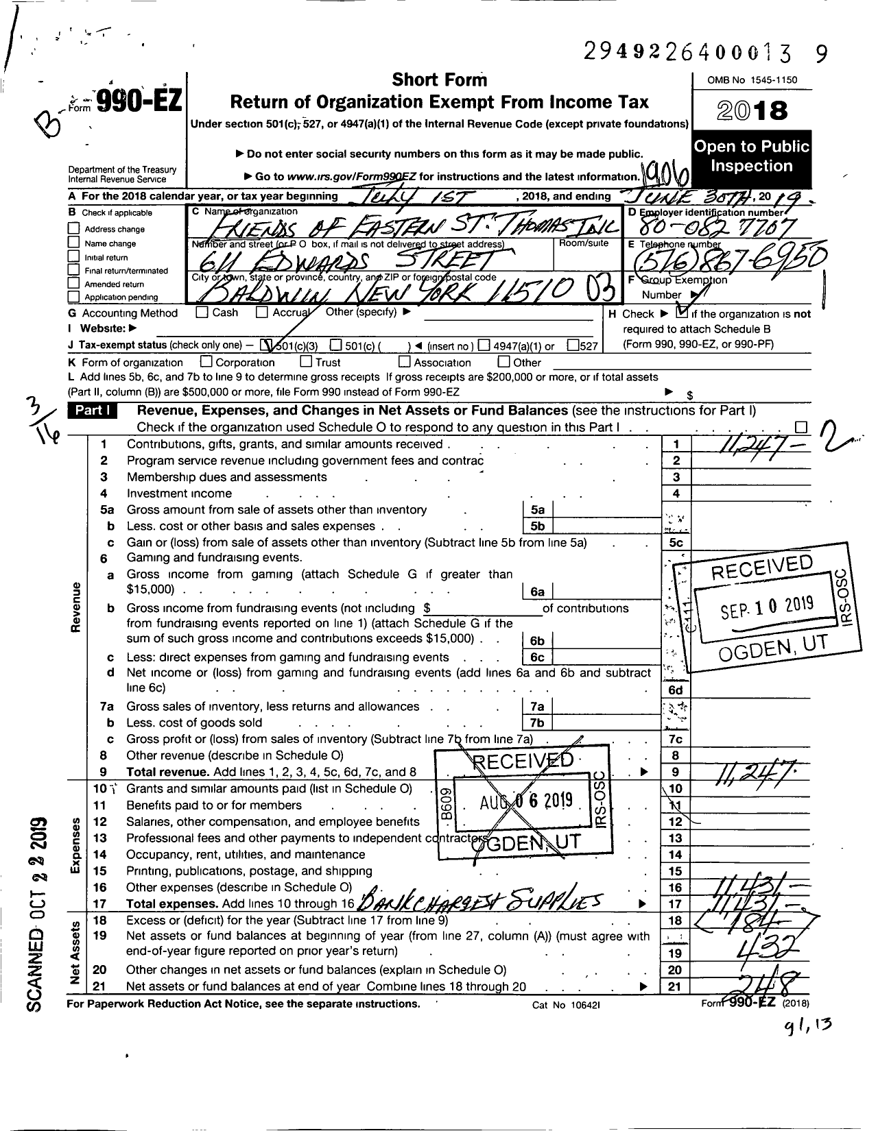 Image of first page of 2018 Form 990EZ for Friends of Eastern St Thomas