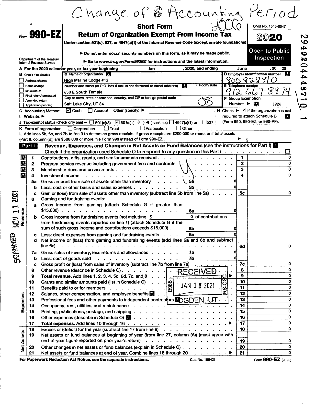 Image of first page of 2019 Form 990EO for Most Worshipful Prince Hall Grand Lodge of Free and Accepted Masons - 12 High Marine Lodge