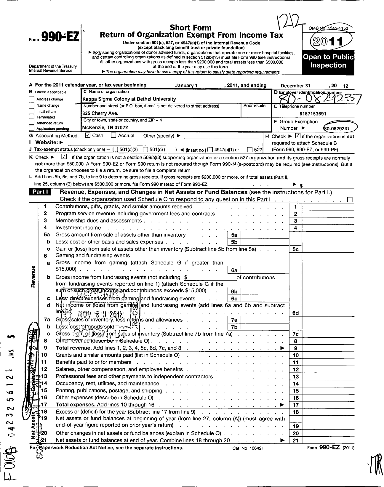 Image of first page of 2012 Form 990EO for Kappa Sigma Fraternity