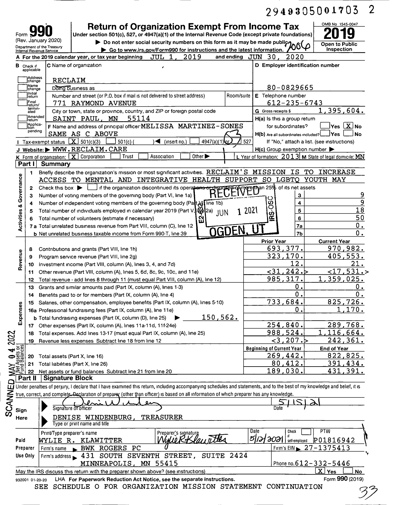 Image of first page of 2019 Form 990 for Reclaim