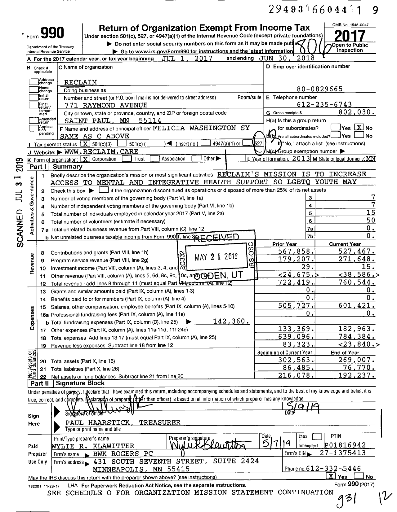 Image of first page of 2017 Form 990 for Reclaim