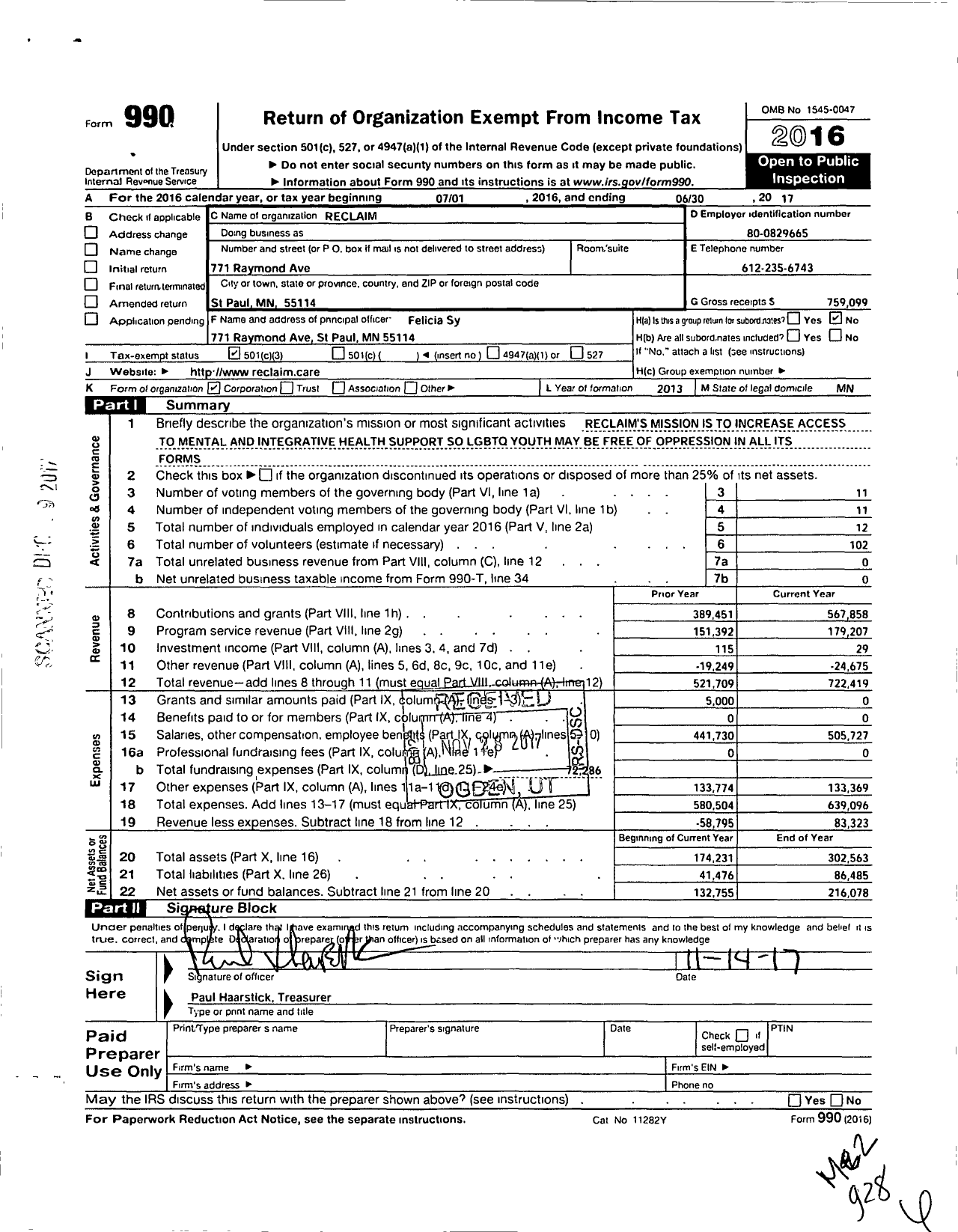 Image of first page of 2016 Form 990 for Reclaim