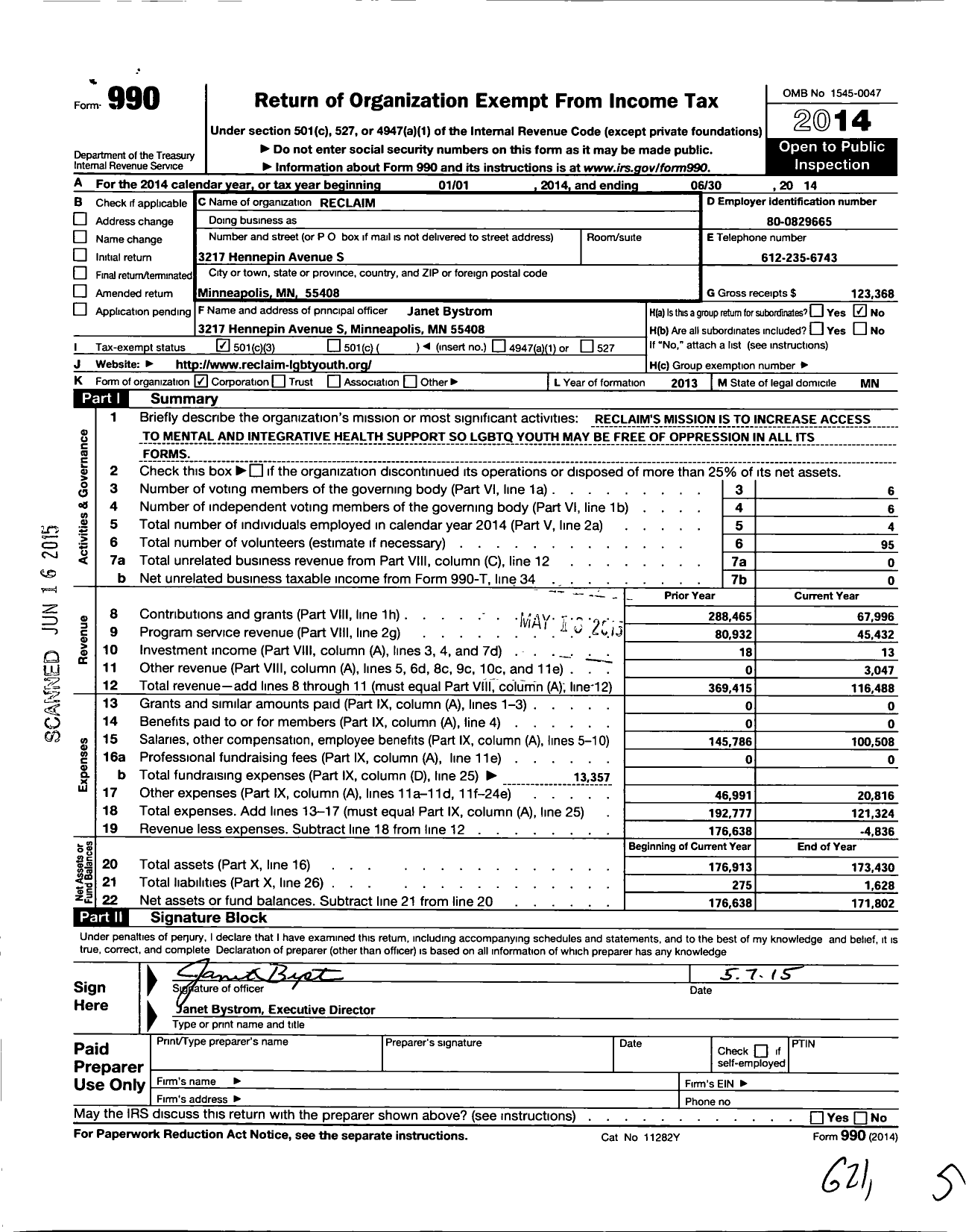 Image of first page of 2013 Form 990 for Reclaim
