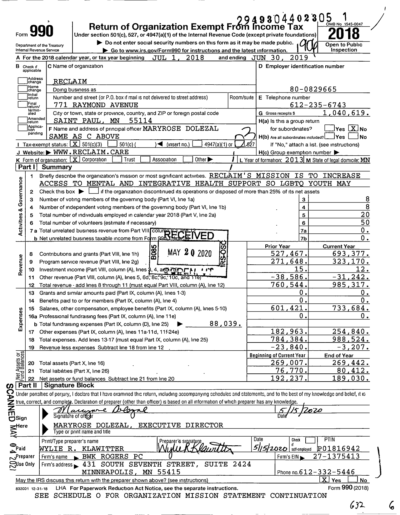 Image of first page of 2018 Form 990 for Reclaim