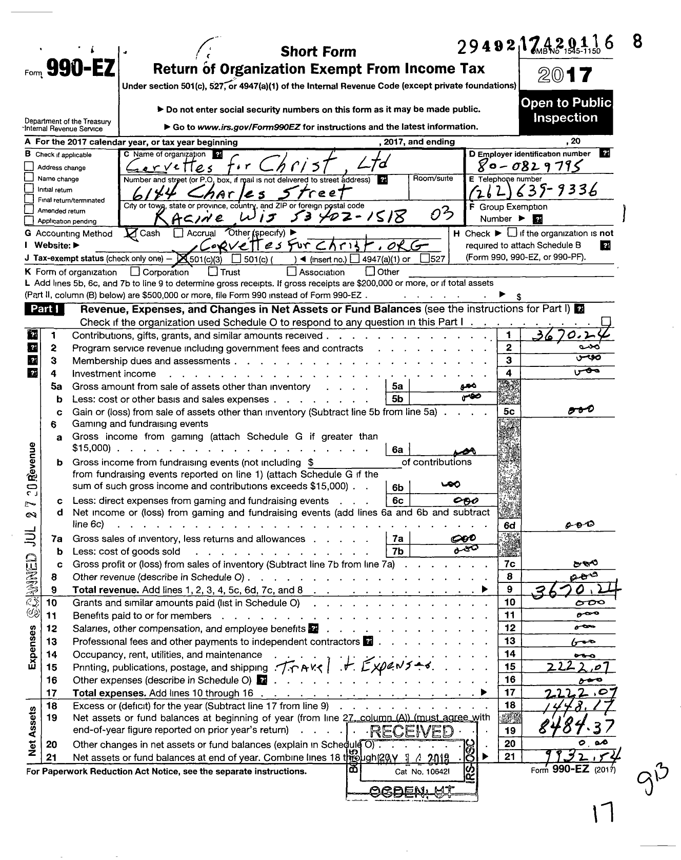 Image of first page of 2017 Form 990EZ for Corvettes for Christ