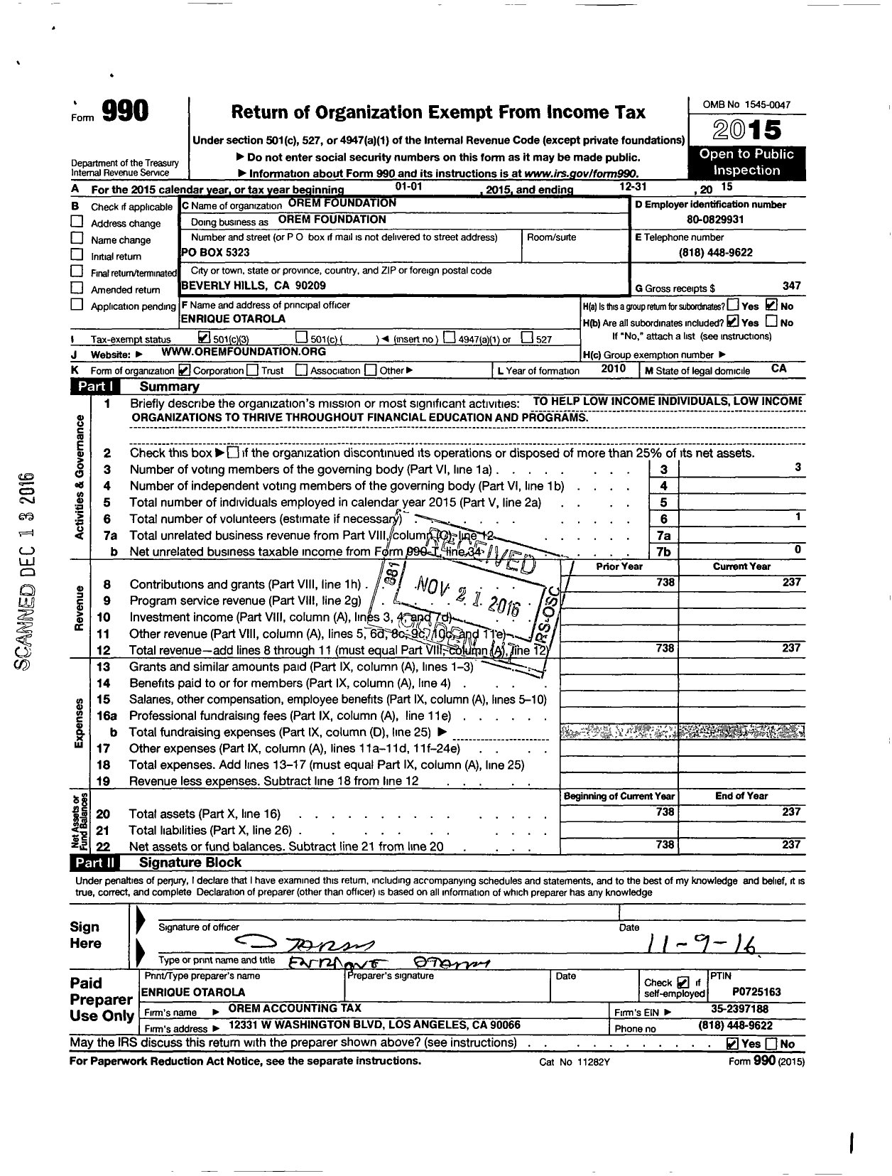 Image of first page of 2015 Form 990 for Orem Foundation