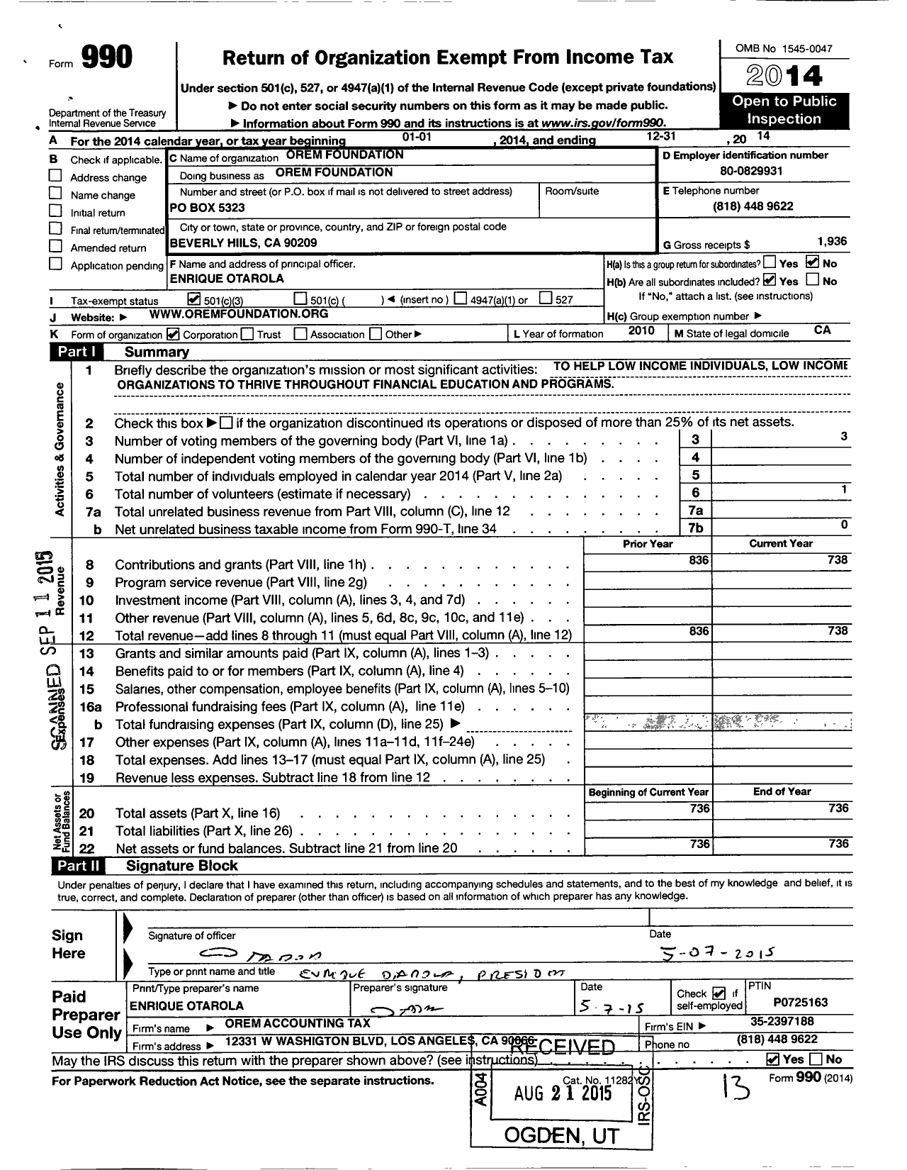 Image of first page of 2014 Form 990 for Orem Foundation