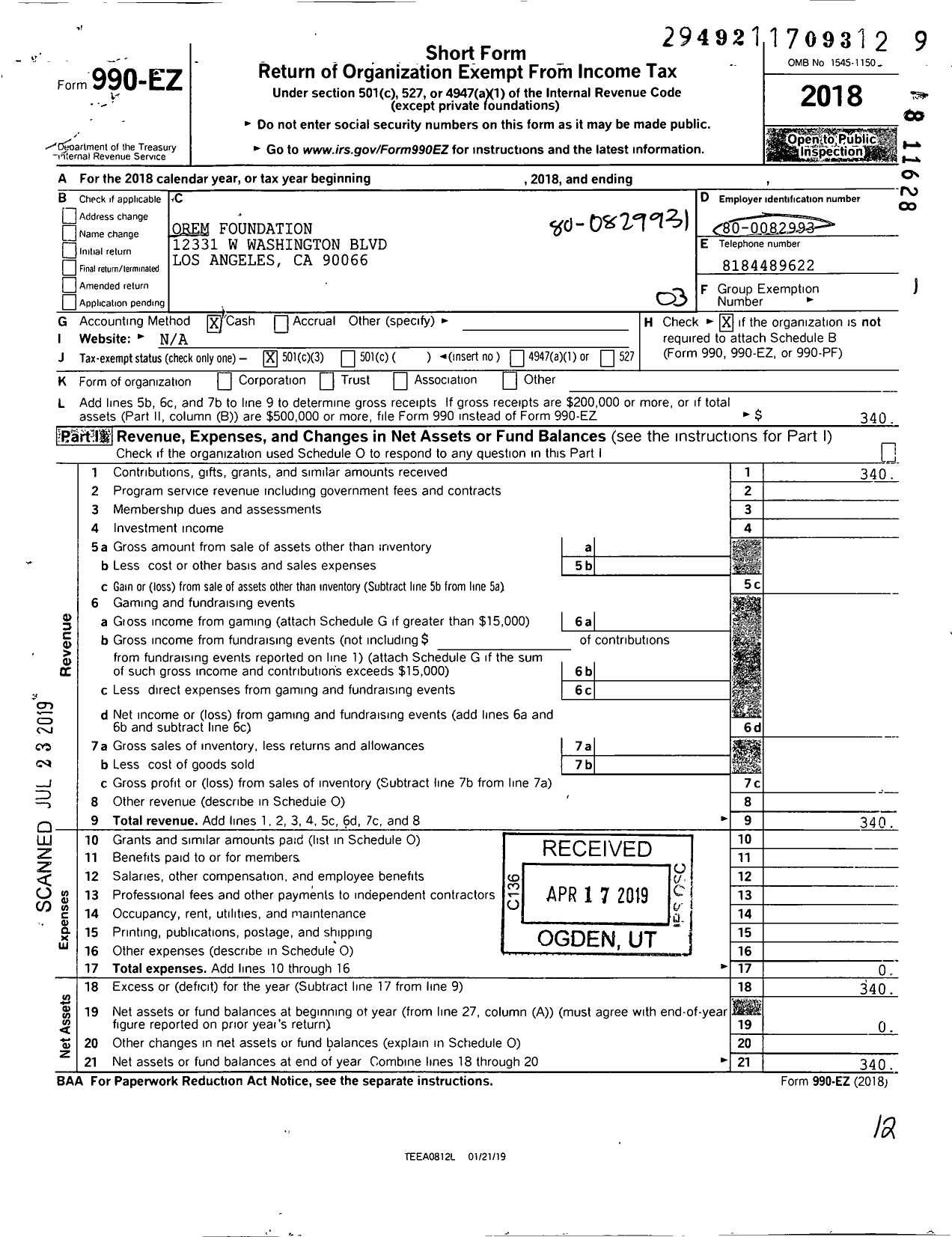 Image of first page of 2018 Form 990EZ for Orem Foundation