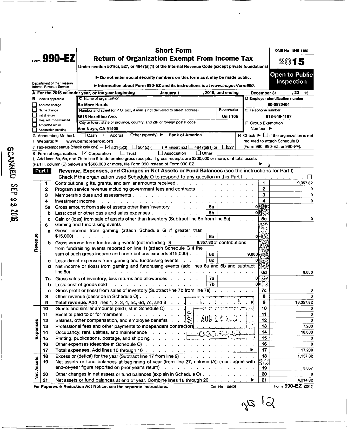 Image of first page of 2015 Form 990EZ for Be More Heroic