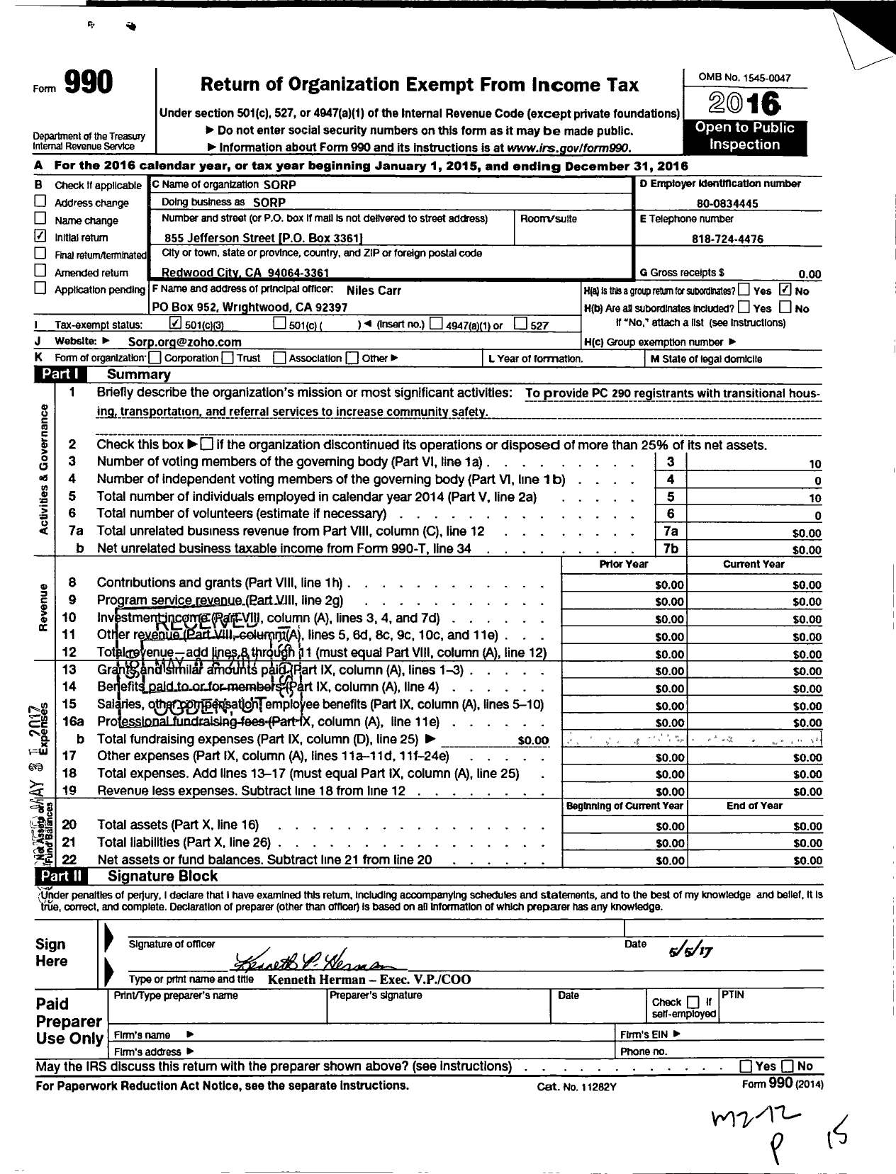 Image of first page of 2016 Form 990 for Sorp