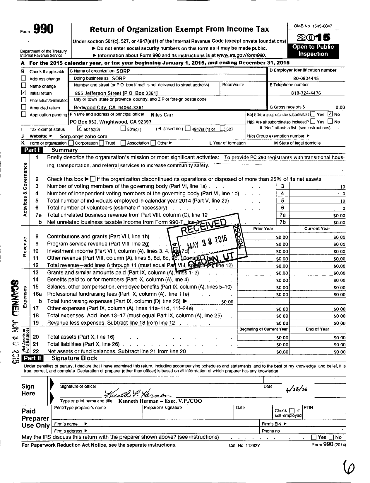 Image of first page of 2015 Form 990 for Sorp