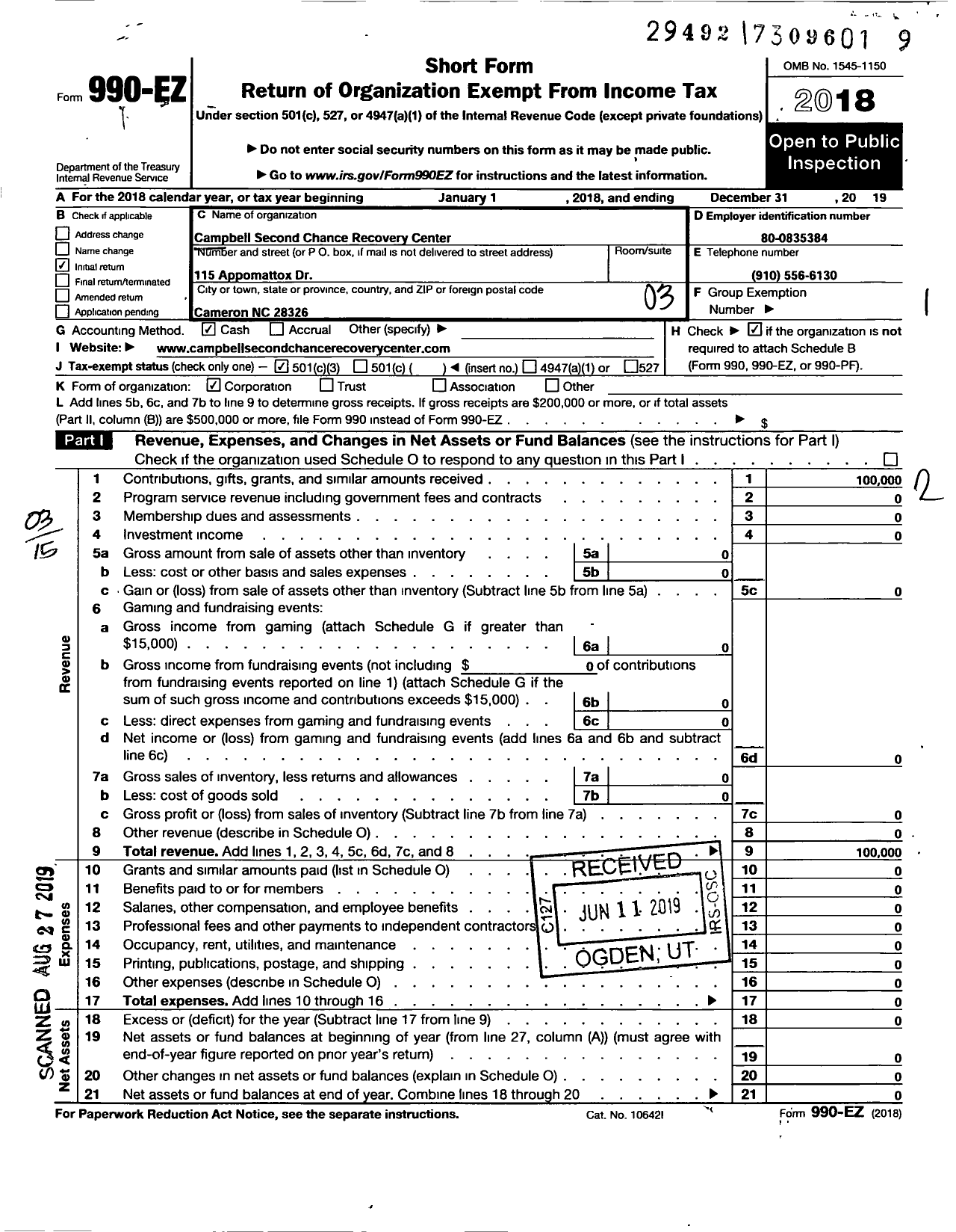 Image of first page of 2019 Form 990EZ for Campbell Second Chance Recovery Center