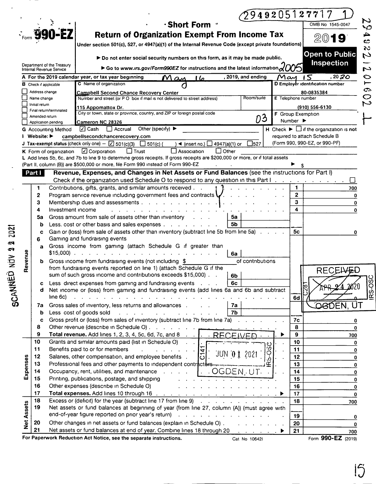 Image of first page of 2019 Form 990EZ for Campbell Second Chance Recovery Center