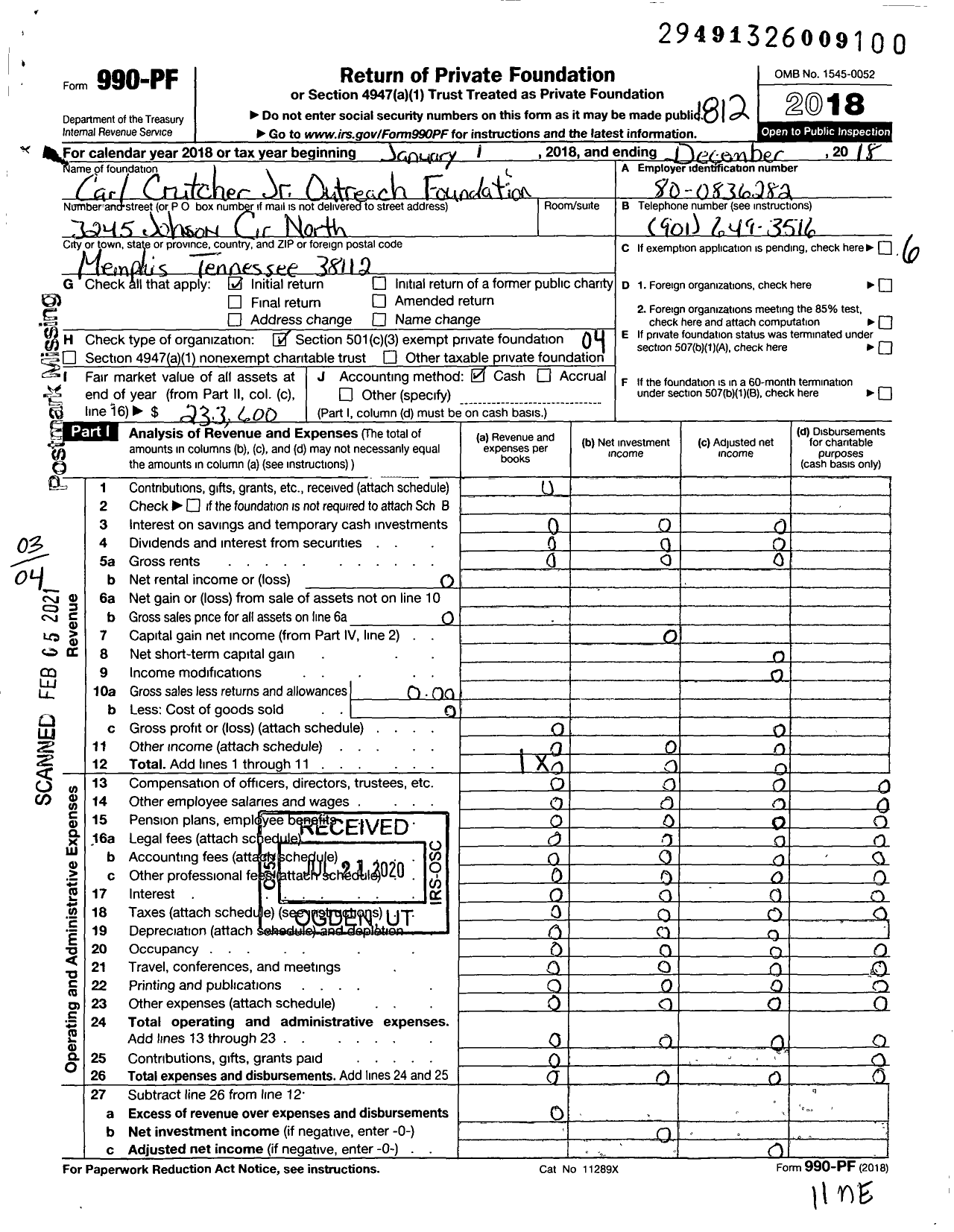 Image of first page of 2018 Form 990PF for Carl Crutcher JR Outreach Foundation
