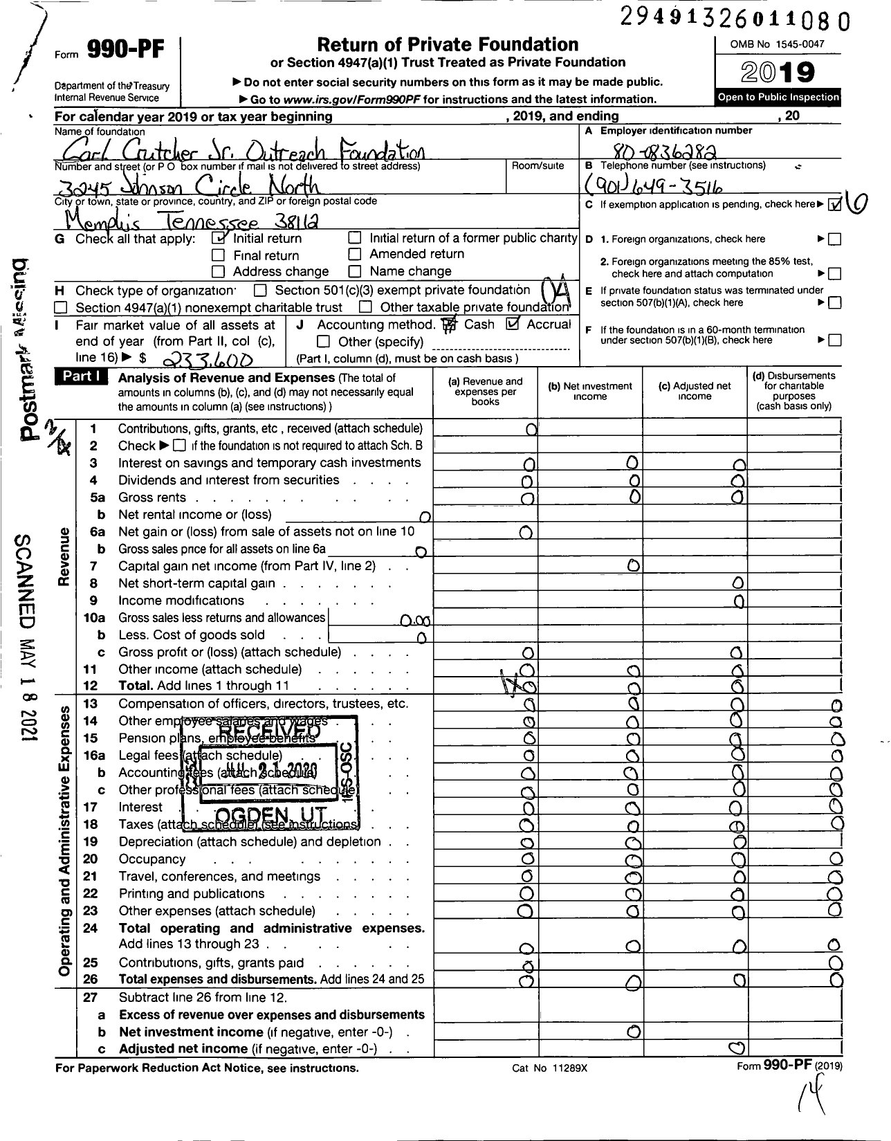 Image of first page of 2019 Form 990PF for Carl Crutcher JR Outreach Foundation