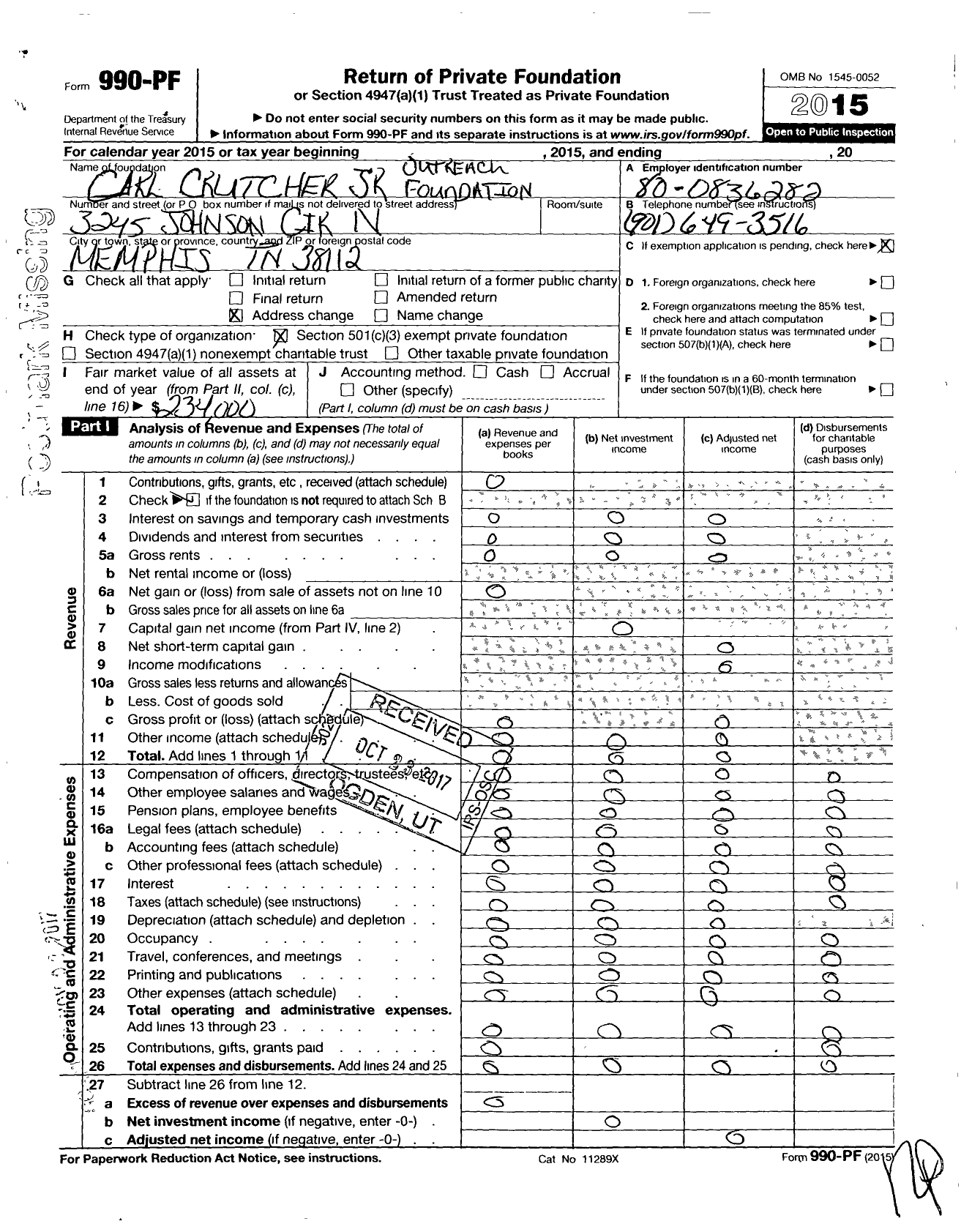 Image of first page of 2015 Form 990PF for Carl Crutcher JR Outreach Foundation