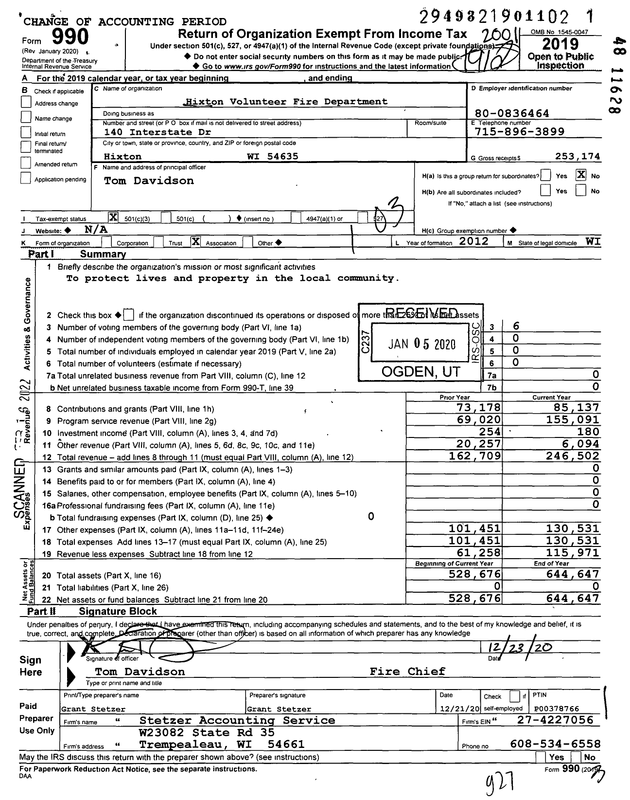 Image of first page of 2019 Form 990 for Hixton Volunteer Fire Department