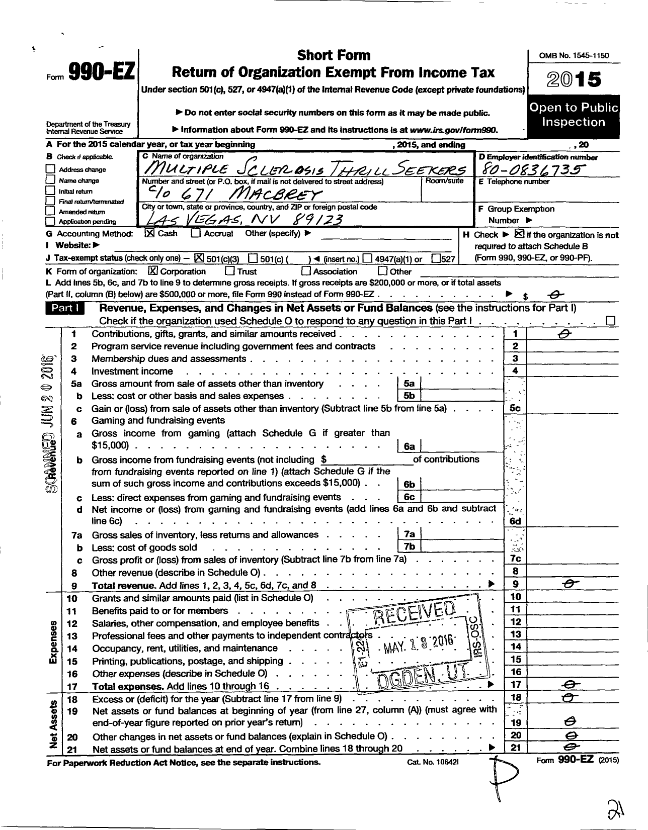 Image of first page of 2015 Form 990EZ for Multiple Sclerosis Thrillseekers