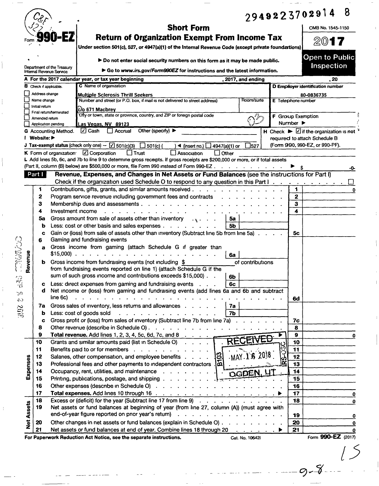 Image of first page of 2017 Form 990EZ for Multiple Sclerosis Thrillseekers