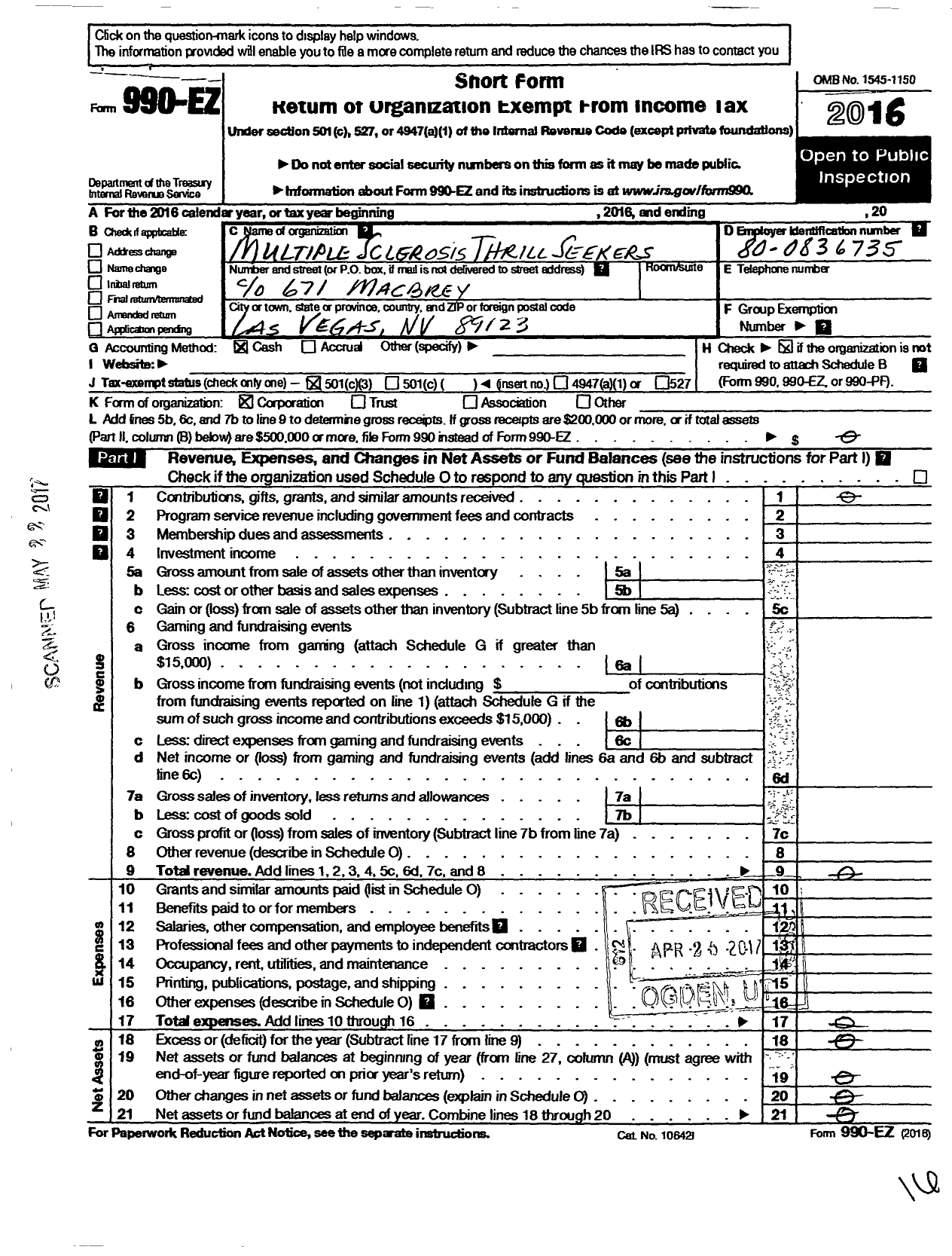 Image of first page of 2016 Form 990EZ for Multiple Sclerosis Thrillseekers