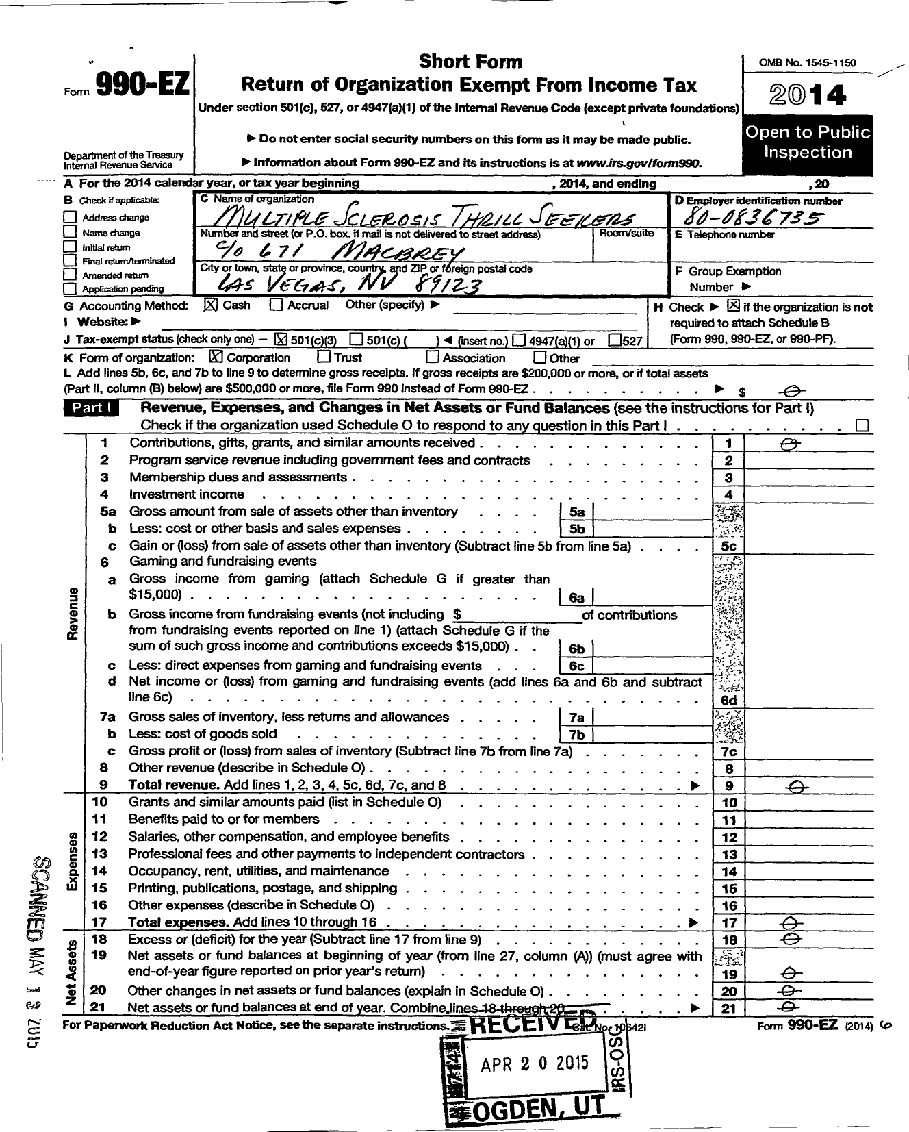 Image of first page of 2014 Form 990EZ for Multiple Sclerosis Thrillseekers