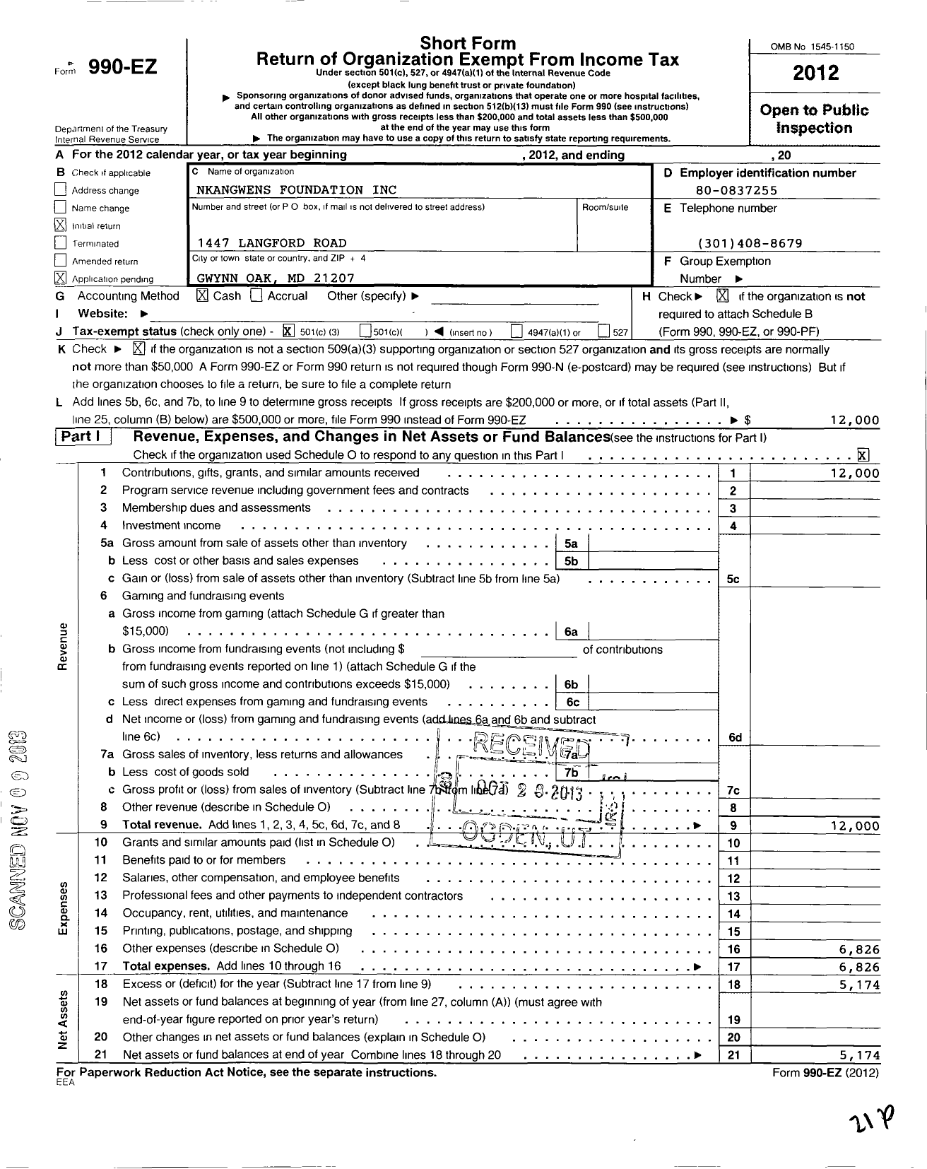 Image of first page of 2012 Form 990EZ for Nkangwens Foundation