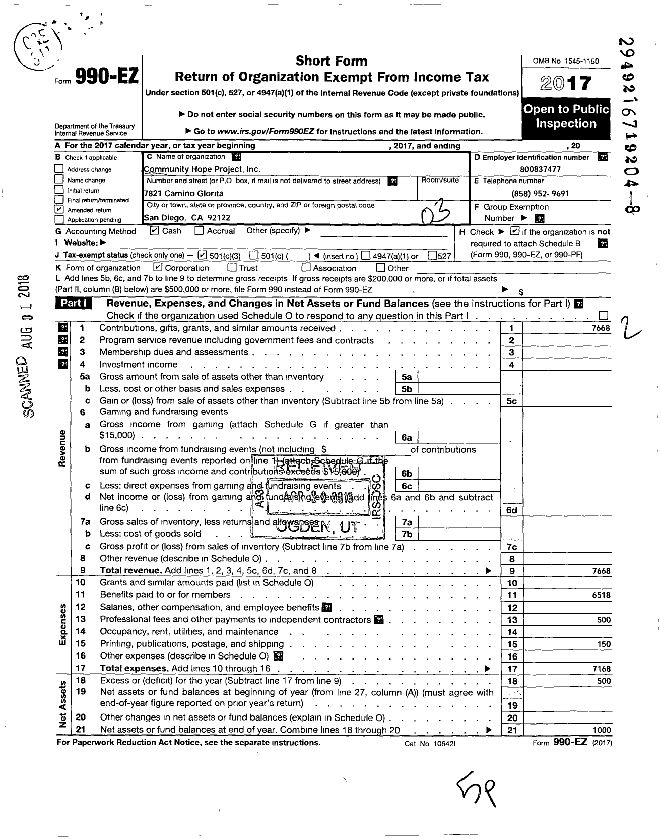 Image of first page of 2017 Form 990EZ for Community Hope Project