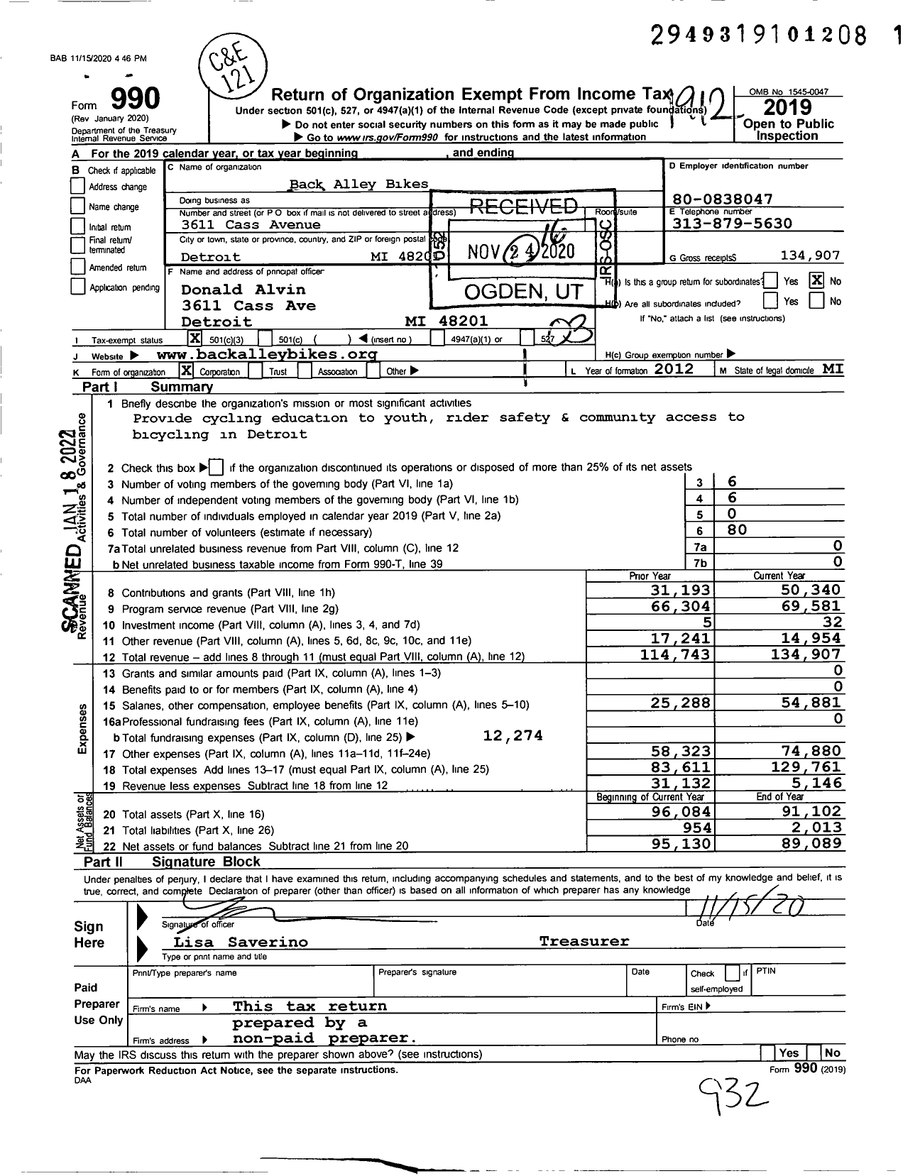 Image of first page of 2019 Form 990 for Back Alley Bikes