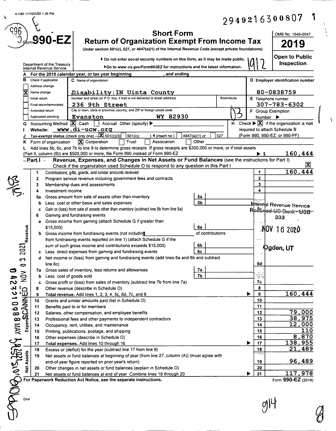 Image of first page of 2019 Form 990EZ for Disability in Uinta County