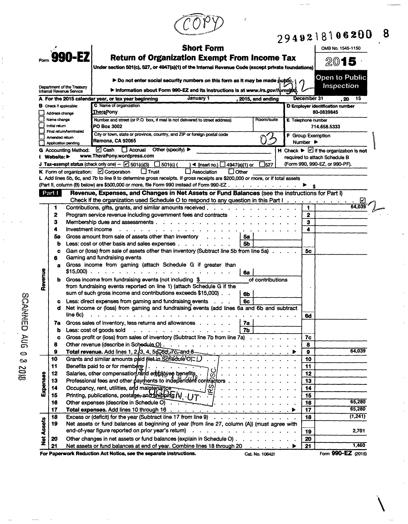 Image of first page of 2015 Form 990EZ for Therapony