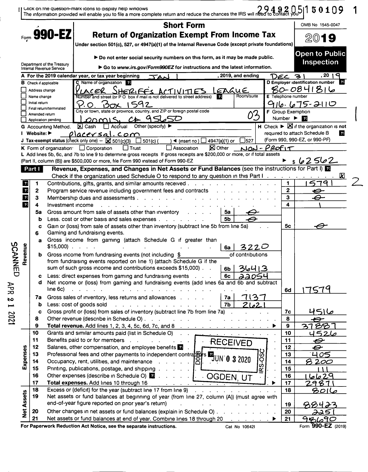 Image of first page of 2019 Form 990EZ for Placer Sheriffs Activities League