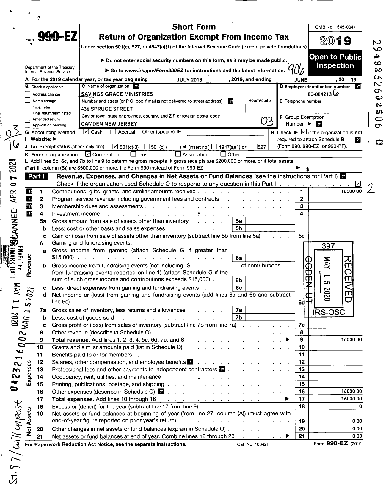 Image of first page of 2018 Form 990EZ for Saving Grace Ministries